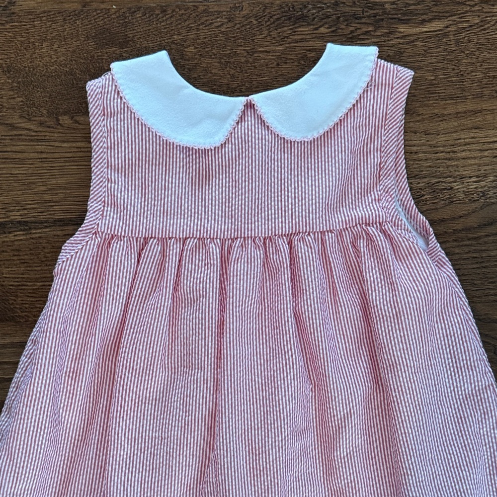 Stitchy Fish Light Red Seersucker Sleeveless Dress with Dog Applique - Picture 8 of 9